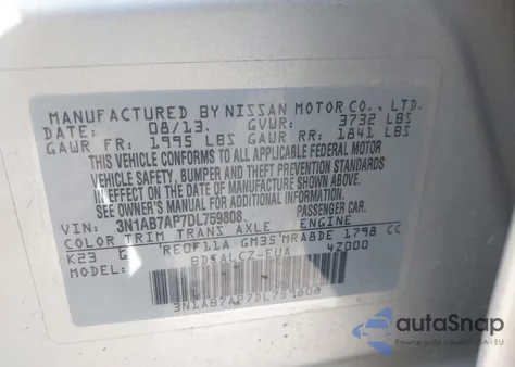 2013 Nissan Sentra S z USA, uszkodzony, nr VIN 3N1AB7AP7DL759808